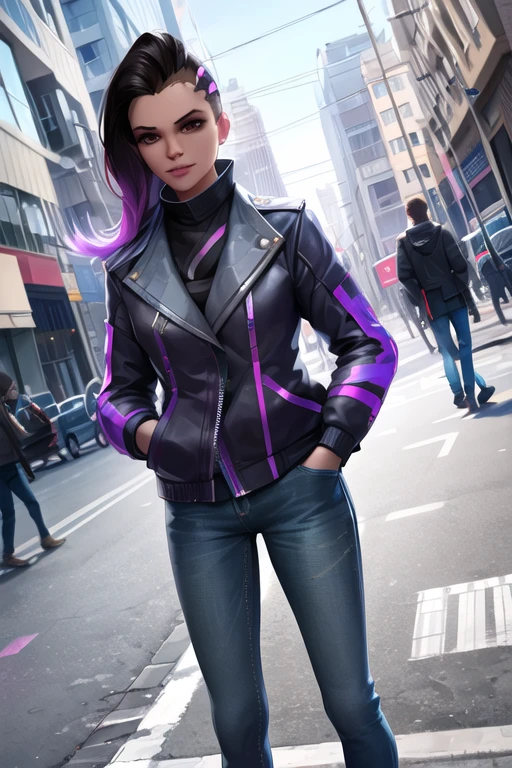 sombra, jacket, jeans, hands in pockets, city street, day, <lora:sombraV2:0.7>, best quality