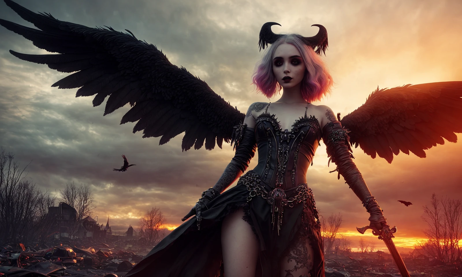 abstract colors, texture, film grain, skin pores, dust, rust, scratches:0.1 samdoesart++ intricate RAW full-body dramatic portrait photo of an evil gothic angel with (huge black feathered ravens wings)1.2 with demon horns (holding a sword)1.2, (levitating)1.4 over a dusty wasteland junkyard, petite susan coffey natalia dyer amouranth, punk (platinum blonde)1.2, (freckles)1.1, analog style (eye contact)1.2 selfie, (gritty apocalyptic stormy sunset backlit)1.2, (film grain)1.3