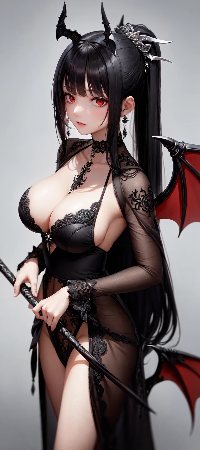 [monochrome:muted color:0.6] theme, (masterpiece), (best quality), (detailed), light layer, lustrous skin, (intricate detailed , taut clothes, , demon wings,hair ornament :1.2), from above, black hair, black choker, long hair, hime cut, blunt bangs, sidelocks, red eyes, holding quarterstaff,holding scythe,holding sword, (mature female:1.1), [uncensored, NSFW, nipples], (lactation), side-ponytails BREAK (simple background:1.1),