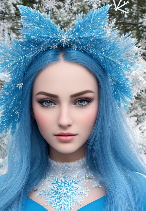 (ultra photorealistic:1.3), (masterpiece:1.4), (cowboy shot:1.2), best quality, ((realistic)), high quality, ultra detailed, ((Real picture)), ((realistic skin)), ((realistic face)), (best quality:1.1), (illustration:1.05), (1girl:1.05), (beautiful:1.05), (beautiful detailed eyes:1.05), (cinematic light:1.1), platinum hair, light blue highlights, long straight hair, detailed ice, winter, steam, icy, snow flake, emotionless, flimsy blue dress, tiara,(big snowflakes tempest:1.4)