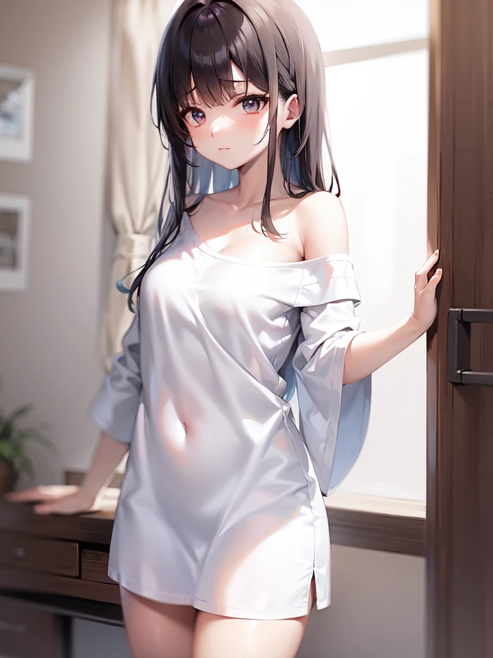 (oversized shirt:1.2), white shirt, long hair, closed mouth, medium breasts, off shoulder,