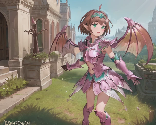 A woman wearing pink armor, DragoonArmor1, (dragon wings), (symmetrical wings), epic, fantasy, rpg, solo focus, (detailed face, green eyes), headband, standing by a castle in the background, short hair, brown hair, sexy, cute, feminine, ((realistic photo)), arms, <lora:DragoonArmor1:0.6> vibrant, bright colors, vivid, lucid