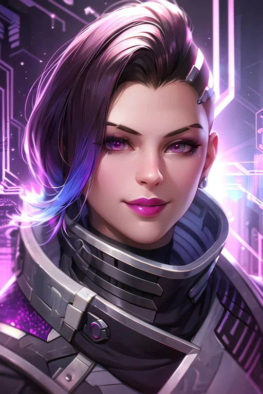 sombra, hologram, hacker room, cyberpunk, smug smile, lipstick, undercut,  <lora:sombraV2:0.7>, best quality