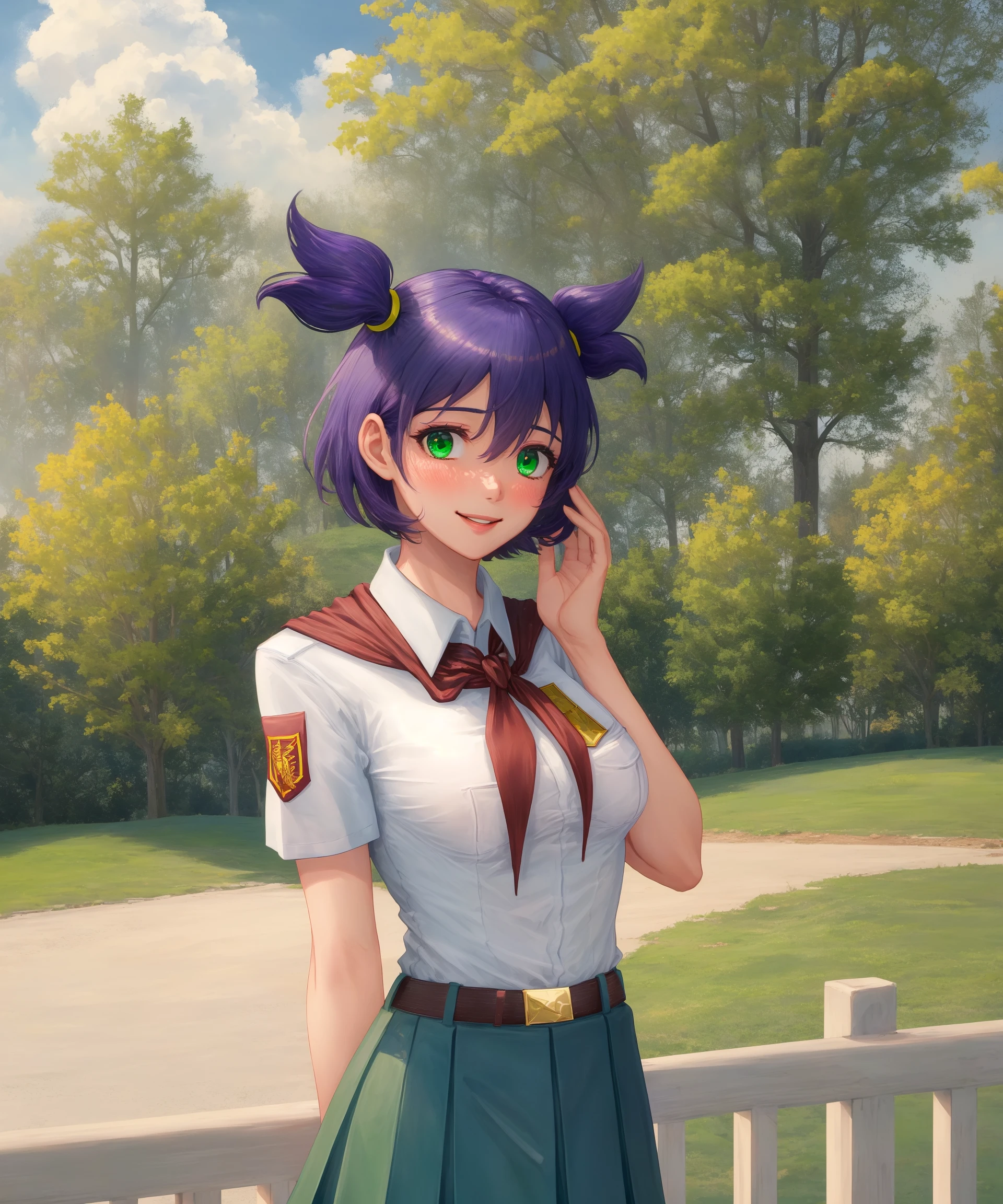 (un:1.0), 1girl, solo, tree, outdoors, green eyes, shirt, skirt, looking at viewer, day, purple hair, white shirt, short sleeves, breasts, neckerchief, smile, short hair, blush, hand up, belt, bangs, closed mouth, pleated skirt, sky, blue skirt, fence, school uniform, collared shirt, hair between eyes, one side up, shirt tucked in, blue sky, standing, upper body, medium breasts, cloud