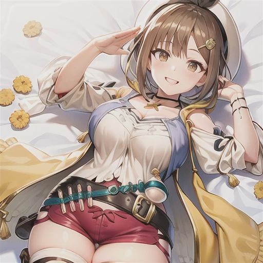 masterpiece, best quality, ultra-detailed,1girl, atelier ryza,reisalin stout, solo, shorts, brown hair, thighhighs, brown eyes, short shorts, gloves, belt, white background, breasts, red shorts, jewelry, hat, hair ornament, hairclip, single glove, simple background, necklace, star (symbol), white headwear, looking at viewer, thighs, star necklace, :d, brown gloves, sleeveless jacket, cleavage, holding, salute, short hair, brown thighhighs, jacket, flask, blush, beret, medium breasts, bangs, sleeveless, brown belt, white thighhighs, blue belt, round-bottom flask, boots, yellow jacket, cowboy shot, collarbone,(cowboy shot:1.1), (looking at viewer:1.2), from above, breast press, on bed, lying, medium breasts, cleavage, black hair, (long hair:1.1) bangs, (uneven twintails:1.1), blush, (smirk:1.1), spirit form, sleeveless dress, frilled dress, multicolored dress, orange dress, red dress, black dress, detached sleeves,  black panties, black thighhighs, frilled choker, black choker, bed sheets <lora:reisalinStoutAtelier_delta:1>