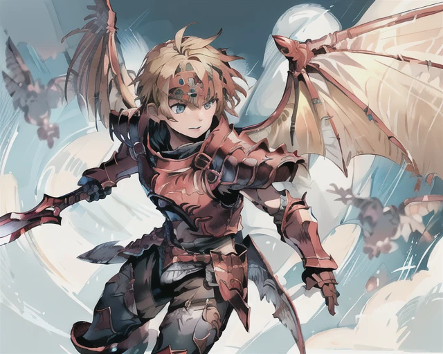 A man wearing (red armor), DragoonArmor1, (dragon wings), (symmetrical wings), epic, fantasy, rpg, solo focus, (detailed face, blue eyes), headband, flying in the air, cloudy background, short hair, blonde, spiky hair, <lora:DragoonArmor1:0.8> vibrant, bright colors, vivid, lucid, holding a sword