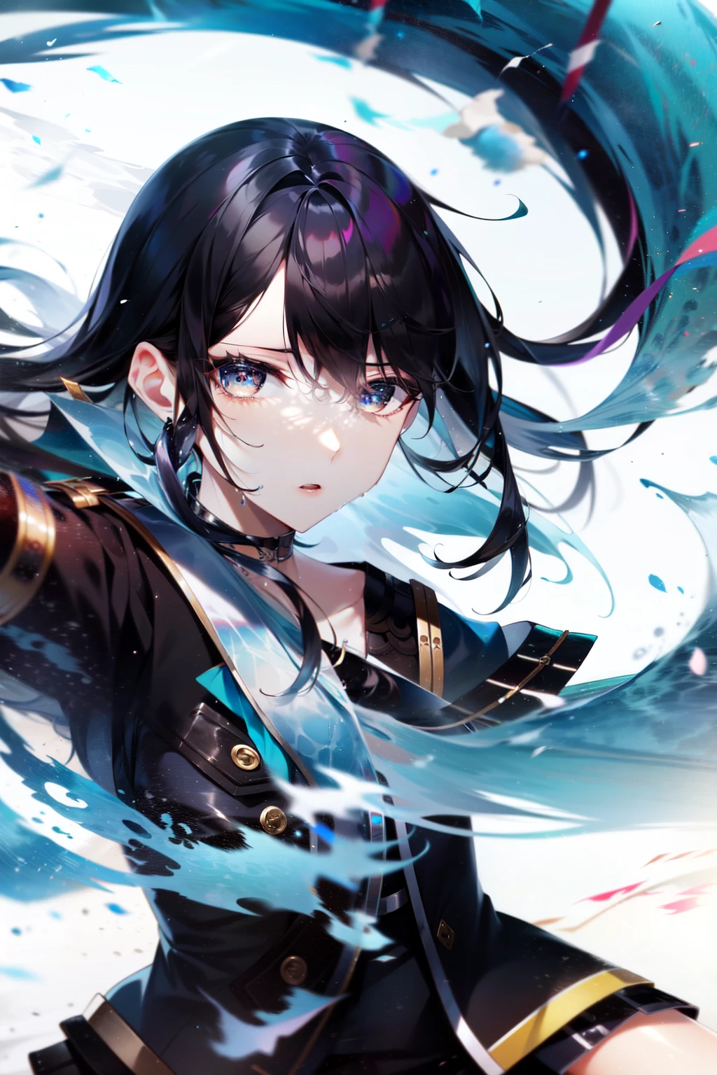 <lora:waterVFX:0.8> Masterpiece, best quality, (dynamic pose:0.5), Absurdres, 1girl, (attacking with water:1.5) wet clothes, wet hair, wet face, water behind a person, <lora:iridescent_hair:0.5> multicolored hair, (wind:1.4)