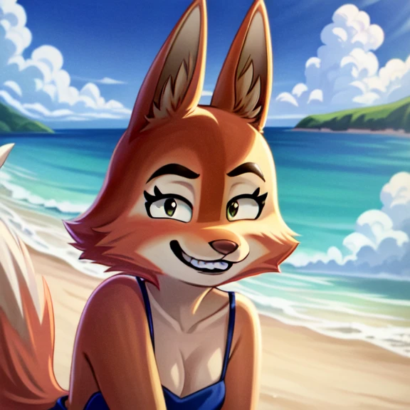 masterpiece, best quality, a beautiful and detailed facial portrait of diane foxington, fox, anthro,orange fur, orange body, smiling, teeth, outside,tail,eyebrow piercing,eyelashes,beach,clouds,sky,
<lora:diane foxington nai v3-000008:1>