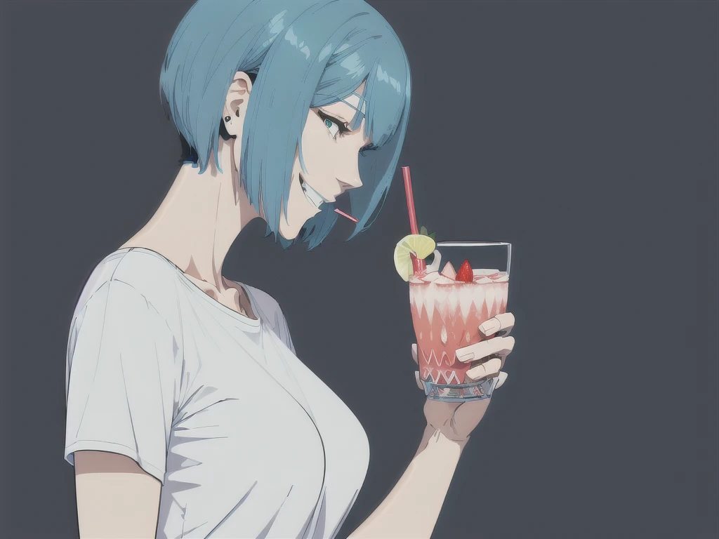 (flat color), (illustration), many layers, choppy, limited tone, (masterpiece), (bestquality), (ultra detailed), profile, woman is drinking a strawberry cocktail through a straw, wearing white T-shirt, wearing blue jeans, aqua hair, short bob hair, slim, mature, flat chest, (walking), (perfect smile), model, perfect shadow,