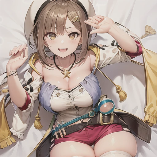 masterpiece, best quality, ultra-detailed,1girl, atelier ryza,reisalin stout, solo, shorts, brown hair, thighhighs, brown eyes, short shorts, gloves, belt, white background, breasts, red shorts, jewelry, hat, hair ornament, hairclip, single glove, simple background, necklace, star (symbol), white headwear, looking at viewer, thighs, star necklace, :d, brown gloves, sleeveless jacket, cleavage, holding, salute, short hair, brown thighhighs, jacket, flask, blush, beret, medium breasts, bangs, sleeveless, brown belt, white thighhighs, blue belt, round-bottom flask, boots, yellow jacket, cowboy shot, collarbone,(cowboy shot:1.1), (looking at viewer:1.2), from above, breast press, on bed, lying, medium breasts, cleavage, black hair, (long hair:1.1) bangs, (uneven twintails:1.1), blush, (smirk:1.1), spirit form, sleeveless dress, frilled dress, multicolored dress, orange dress, red dress, black dress, detached sleeves,  black panties, black thighhighs, frilled choker, black choker, bed sheets <lora:reisalinStoutAtelier_delta:1>