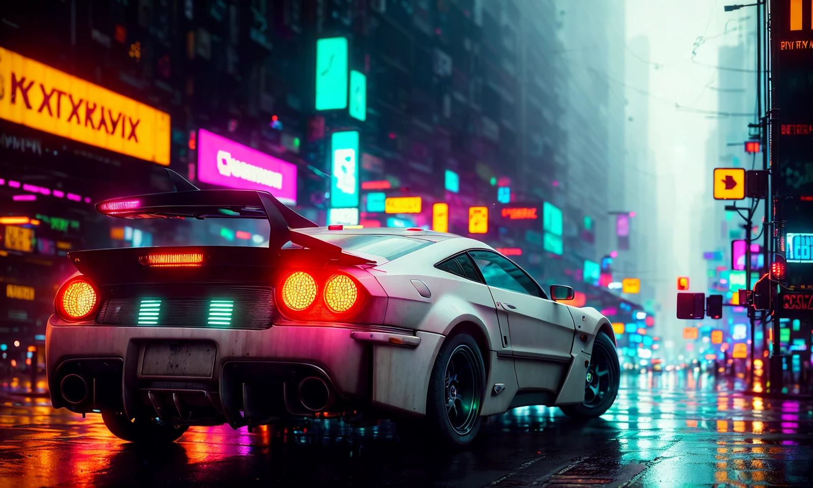 abstract colors, texture, film grain:0.1 intricate close up dramatic portrait of a (cyberpunk)1.2 car standing on a rainy bustling crowded cyberpunk city street, ultra realistic texture, foggy morning, cinematic still frame, blade runner 2049, altered carbon, (analog style)1.3 (film grain)1.3, stephan martiniere Wadim Kashin Simon Stalenhag michal karcz ismail inceoglu