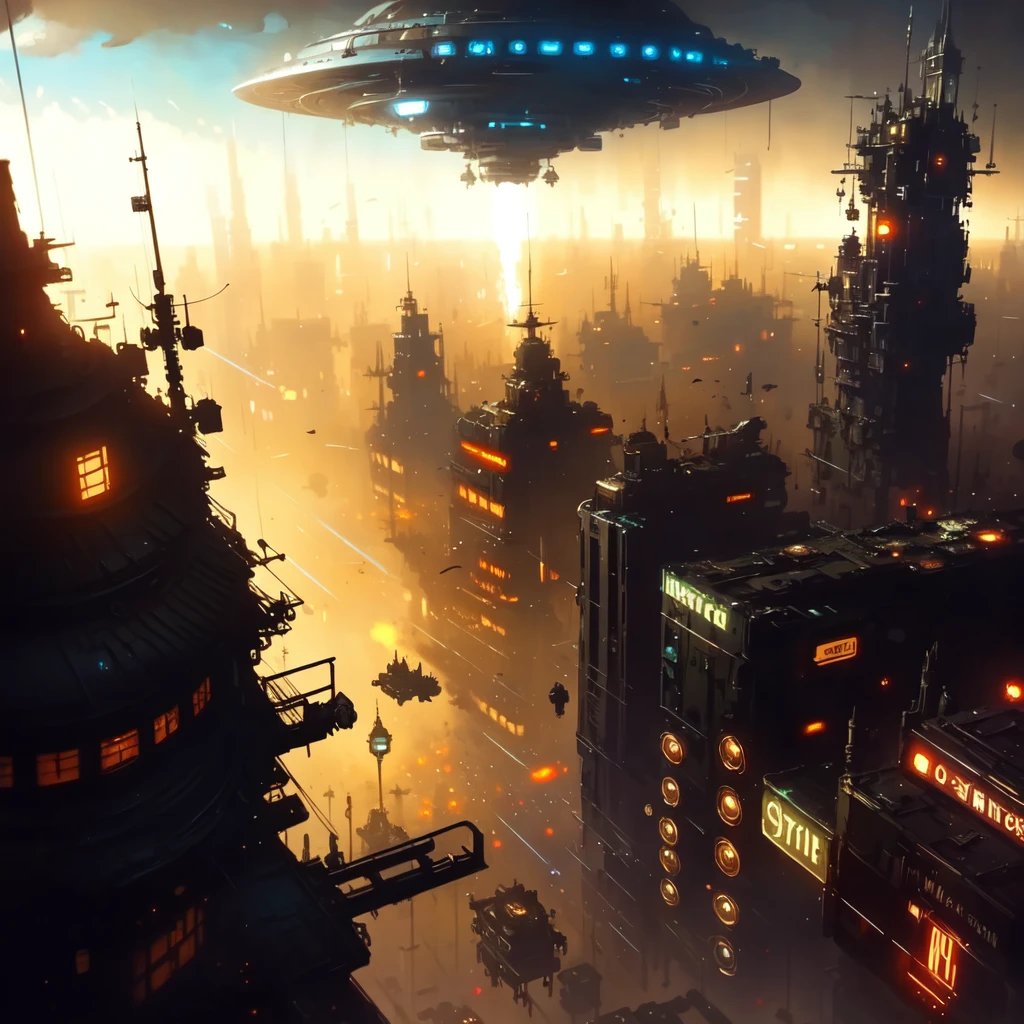 an award winning painting of a UFO attacking a city, digital painting, highly detailed, concept art, occult, dark souls, detective, Style-RustMagic, cinematic lighting, trending on artstation, by Luis Royo, by Greg Rutkowski, volumetric lighting, octane render, 4K resolution, trending on artstation, masterpiece<hypernet:faces_v2:1>