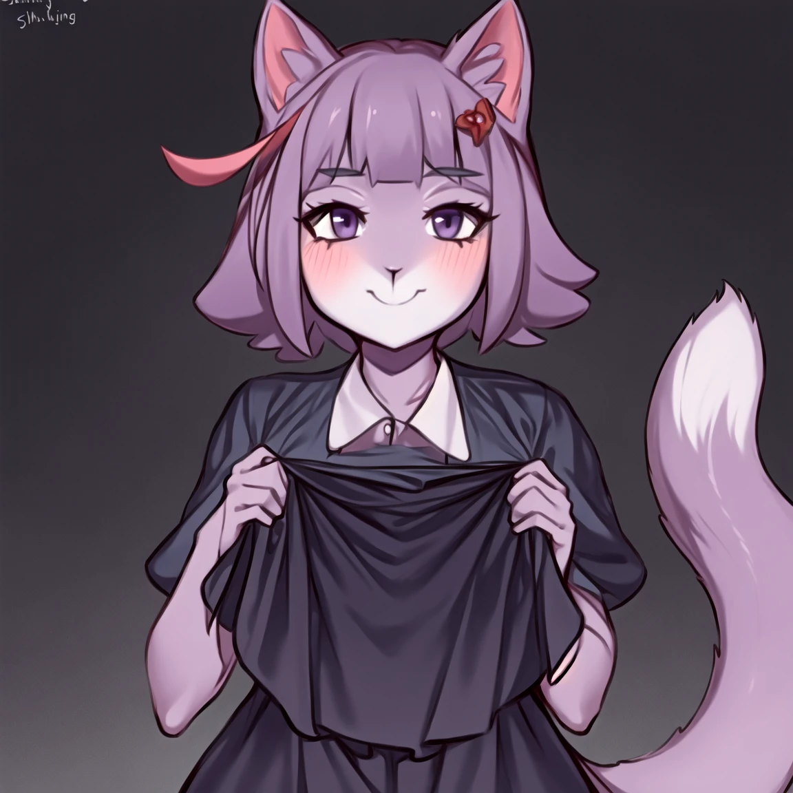 realistic photo of a masunya, (purple skin color:1.1), multicolored body, cat ears, clothing lift, clothing pull, tail, dress, dress lift, by Jeremy Lipking, by William Bouguereau, (by Alphonse Mucha:0.5), fur, by koohiitei shinbo <lora:my_LoRA_masunya_v2:0.65> <lora:my_LoRA_masunya_v1:0.1> <lora:my_LoRA_koohiiteishinbo_v1:0.65>