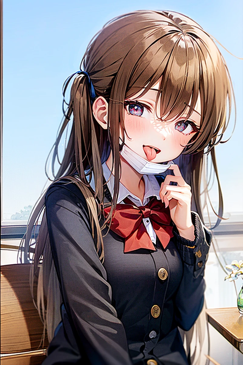 masterpiece,1girl, solo,
 <lora:MaskPullV1:1> ,long hair,school uniform, tongue out, heart-shaped pupils,