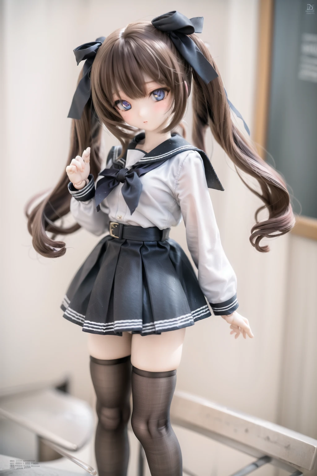 hires,doll, dd,joints, 1girl,detailed eyes,school uniform, long hair, twintails, hair ribbon, zettai ryouiki,