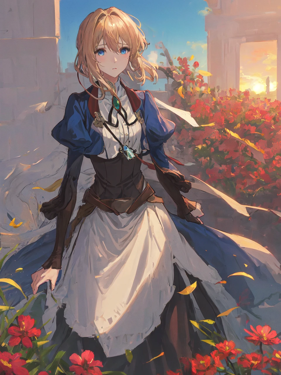 1girl, sunset, brooch, violet_evergarden, solo, jewelry, blonde_hair, long_sleeves, ribbon, blue_eyes, jacket, dress, gem, hair_ribbon,outdoors, sky, depth_of_field, blue_sky, flower field,