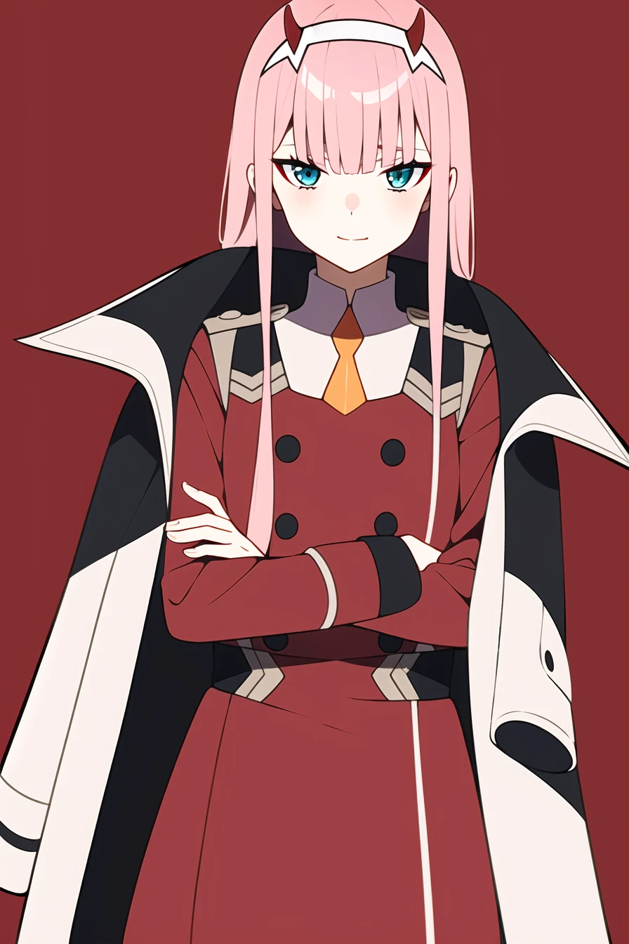 zero two \(darling in the franxx\), darling in the franxx, 1girl, bangs, black eyeliner, blunt bangs, character name, closed mouth, coat, cowboy shot, crossed arms, dress, green eyes, hairband, horns, long hair, looking at viewer, military, military uniform, necktie, oni horns, orange necktie, pink hair, red background, red dress, red horns, simple background, solo, standing, straight-on, uniform, white coat, white hairband <lora:zerotwo_offset:1>