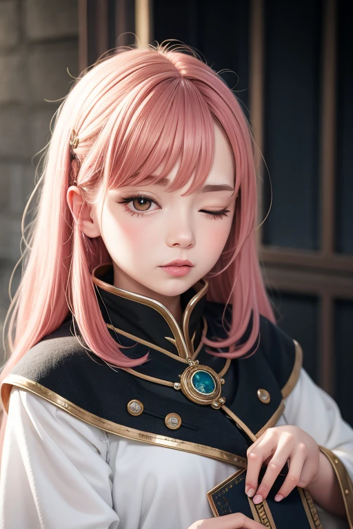 melina \(elden ring\), 1girl, ashes, blush, burning, cloak, closed mouth, erdtree \(elden ring\), eyelashes, facial mark, lips, looking away, looking down, medium hair, motion blur, o-ring, one eye closed, orange eyes, pink hair, portrait, solo , ((masterpiece)) <lora:melina:0.65>