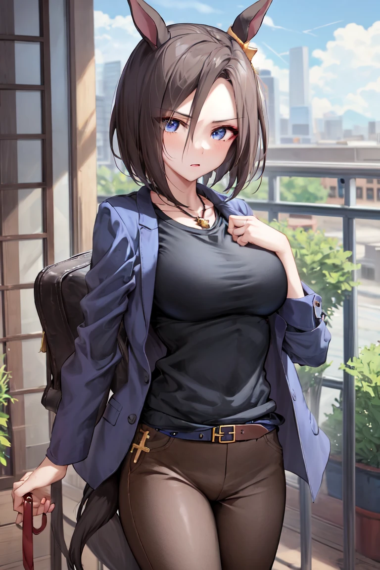 masterpiece, best quality,
air groove \(umamusume\),
blue jacket, black shirt, brown pants, neckless, brown belt,
cowboy shot,
<lora:air_groove_lora:0.7>