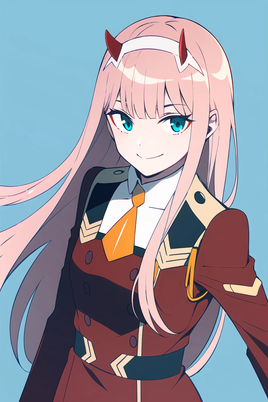 zero two \(darling in the franxx\), darling in the franxx, 1girl, ascot, bangs, blue background, green eyes, hairband, horns, long hair, long sleeves, looking at viewer, red jacket, closed jacket, military uniform, oni horns, orange ascot, pink hair, red horns, simple background, smile, solo, standing, uniform, white hairband, ((masterpiece)), <lora:zero_two_offset:1>