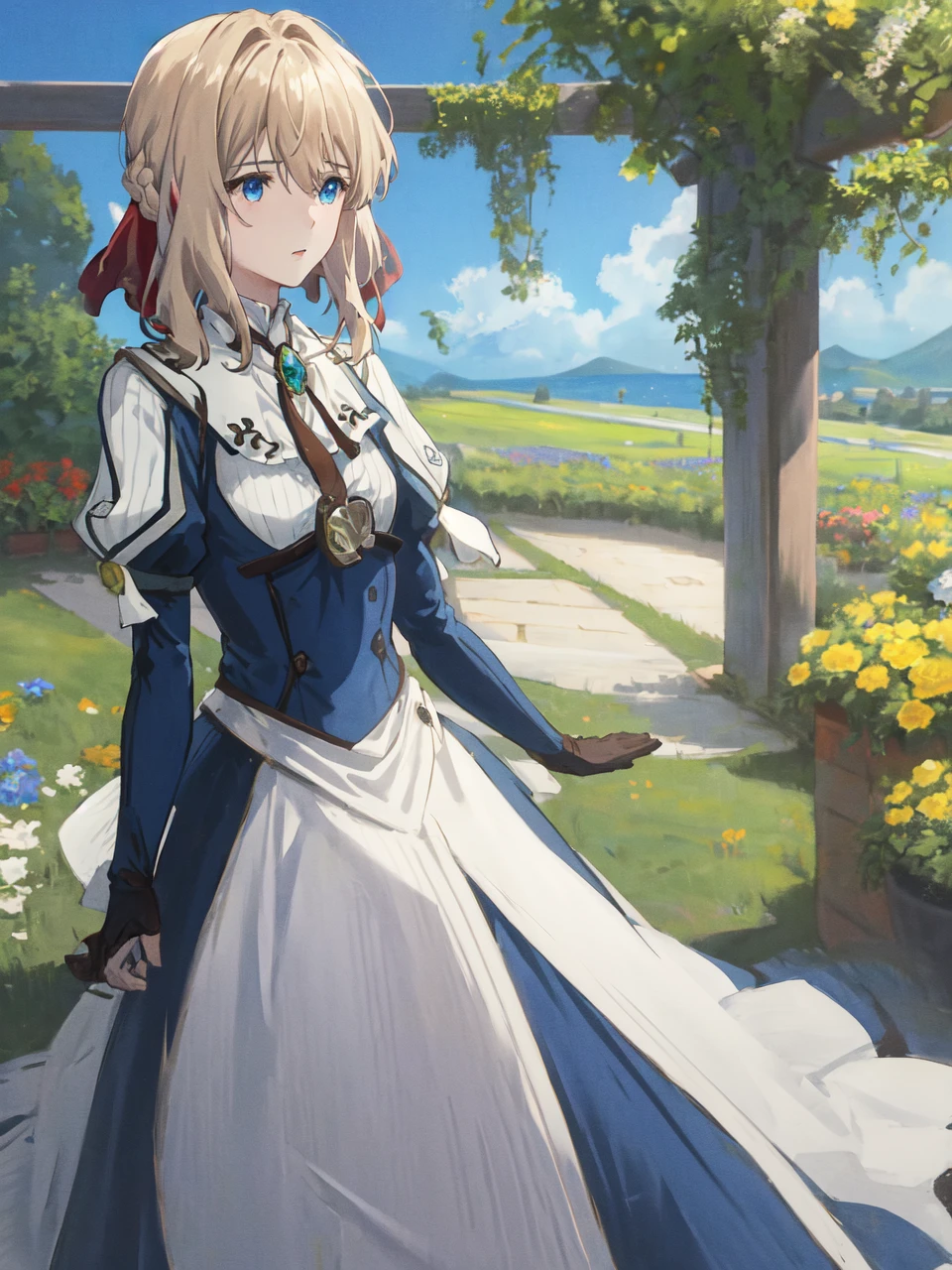 1girl, sky, depth_of_field, blue_sky, flower field, day,brooch, violet_evergarden, solo, jewelry, blonde_hair, long_sleeves, ribbon, blue_eyes, jacket, dress, gem, hair_ribbon,outdoors,