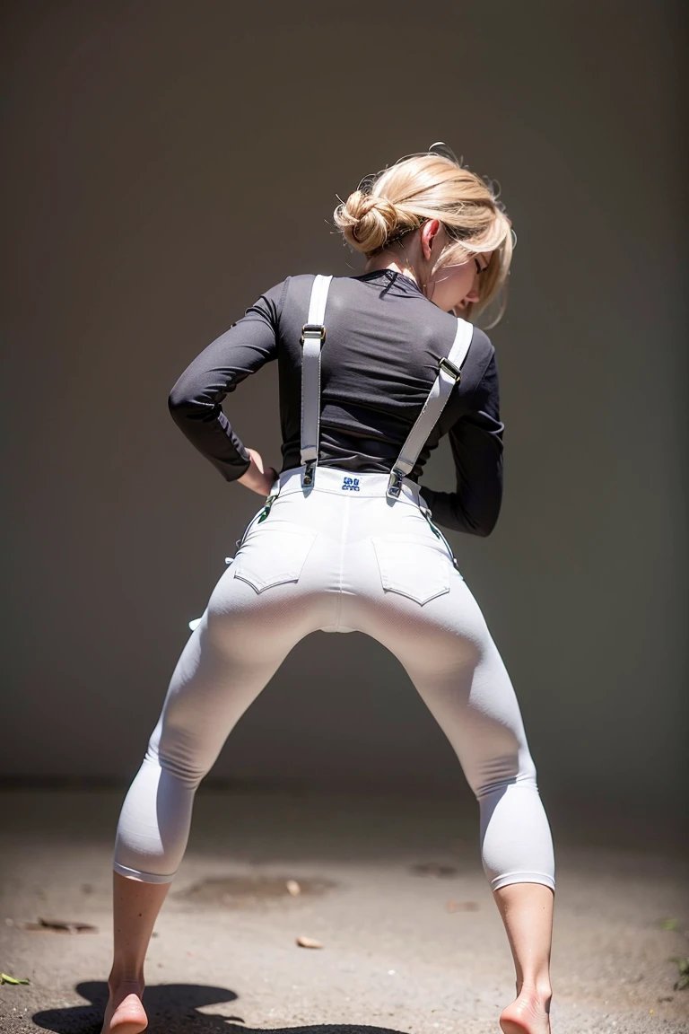 best quality, (photorealistic:1.4), 1girl, (black shirt:1.2),  (grey long pants:1.2),(white suspenders:1.4), perfect female figure, full body, from back, white background, short hair, slim