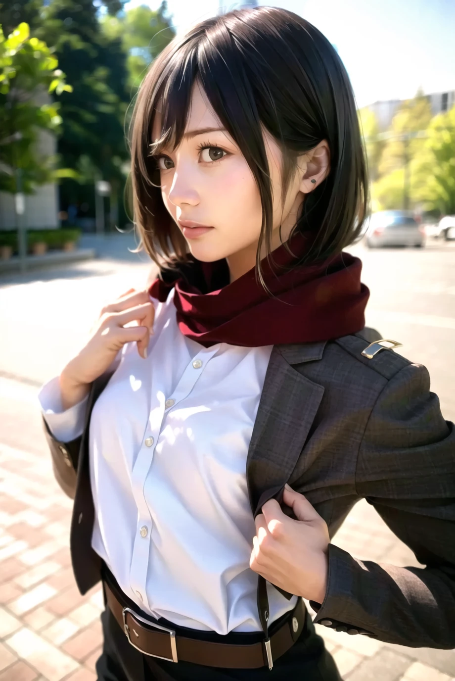 masterpiece, (photorealistic:1.4), best quality, beautiful lighting, outdoors,
mikasa ackerman, shingeki no kyojin, 1girl, bangs, belt, belt buckle, black eyes, black hair, brown belt, brown jacket, buckle, dress shirt, hair between eyes, jacket, long sleeves, medium hair, open clothes, open jacket, paradis military uniform, red scarf, scarf, shirt, solo, standing, straight hair, suspenders, white shirt, wing collar
, intricate details, natural light, RAW photo, 8k uhd, film grain   <lora:mikasa_ackerman_offset:1.2>  <lora:japaneseDollLikeness_v10:0.5>