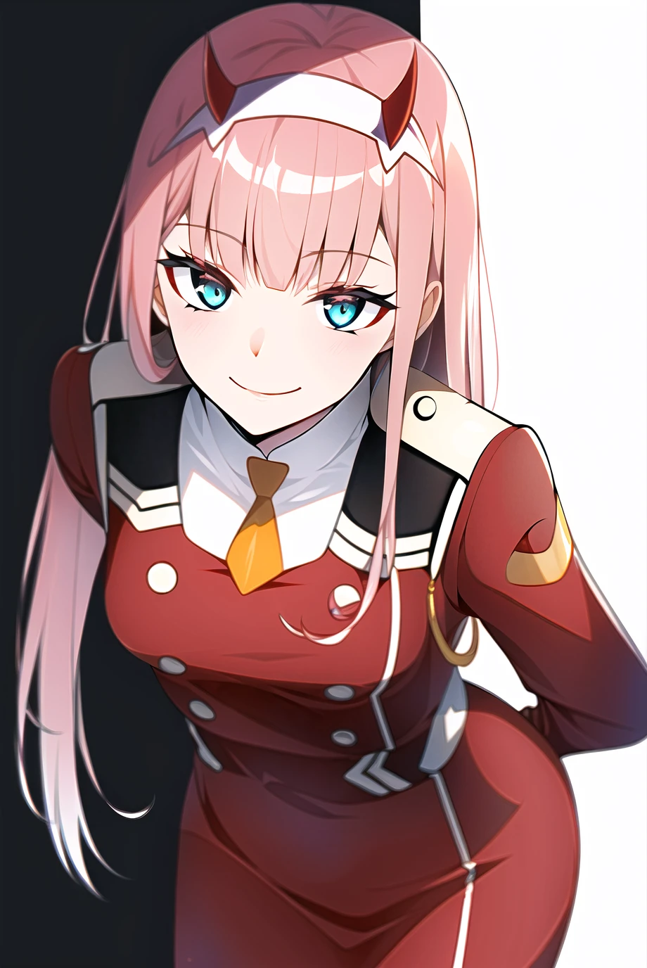 zero two \(darling in the franxx\), darling in the franxx, 1girl, aqua eyes, arms behind back, bangs, blunt bangs, breasts, closed mouth, cowboy shot, hairband, horns, leaning forward, long hair, looking at viewer, medium breasts, military, military uniform, necktie, oni horns, orange necktie, pink hair, red horns, smile, solo, standing, straight-on, uniform, white background, white hairband, zero two \(darling in the franxx\) <lora:zerotwo_offset:1>