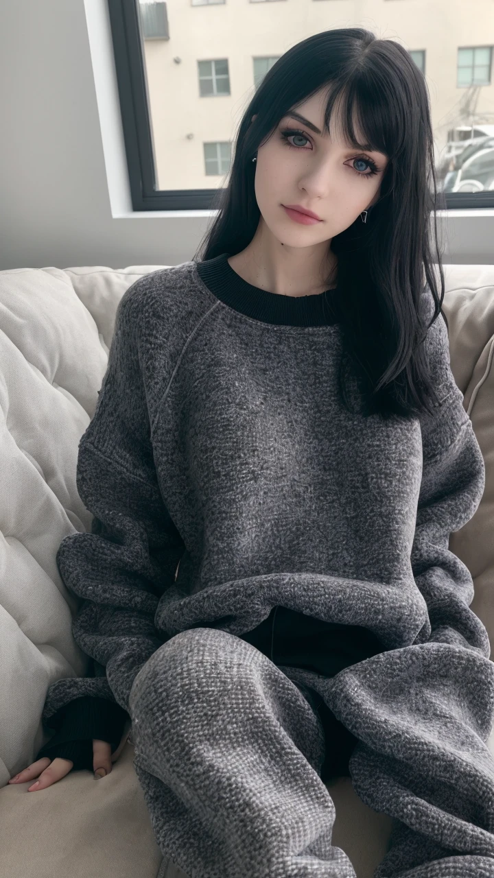 RAW photo of a 20 y.o woman, average looking person, dark hair, alternative rock style, e-girl makeup, grunge aesthetic, emo girl, punk rock, ((wearing an oversized sweater)), ((wearing sweatpants)), sleepy girl, tired eyes, subtle smile, (pale skin), (detailed face), thin body, large breasts, ((half body)), ((lying on the couch)), resting, (high detailed skin:1.2), 8k uhd, dslr, soft lighting, high quality, film grain, Fujifilm XT3