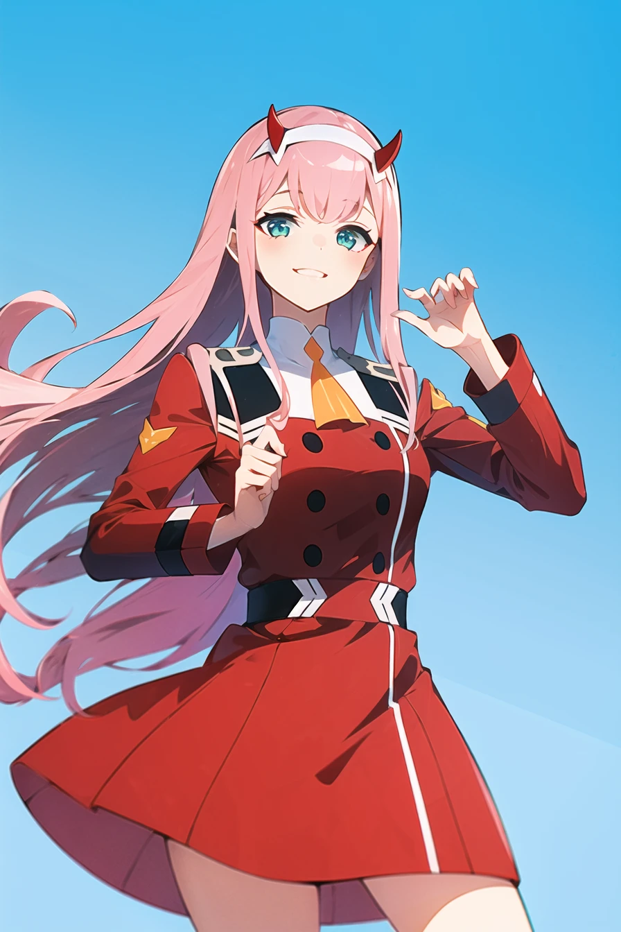 zero two \(darling in the franxx\), darling in the franxx, 1girl, ascot, bangs, blue background, green eyes, hairband, horns, long hair, long sleeves, looking at viewer, red jacket, closed jacket, military uniform, oni horns, orange ascot, pink hair, red horns, simple background, smile, solo, standing, uniform, white hairband, ((masterpiece)),  <lora:zerotwo_offset:1>