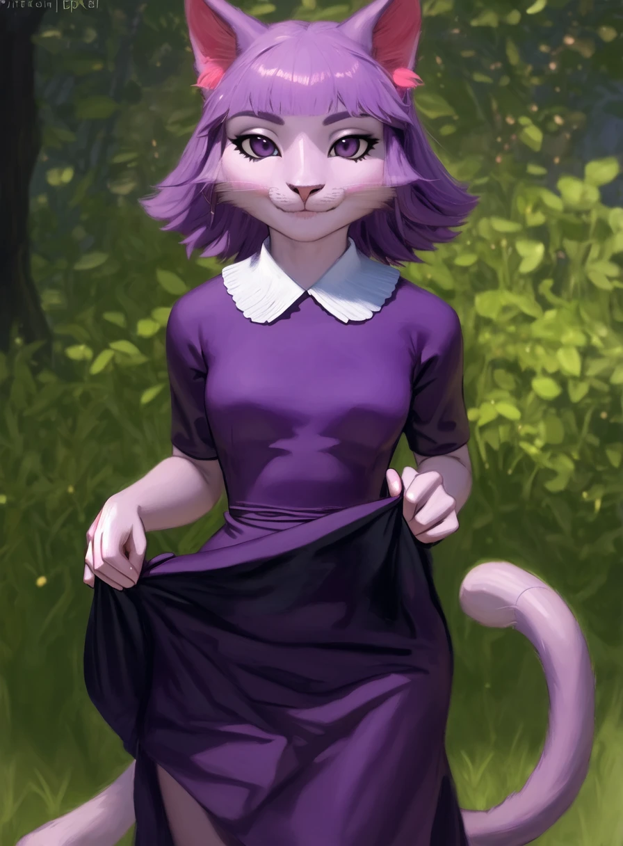 realistic photo of a masunya, (purple skin color:1.1), multicolored body, cat ears, clothing lift, clothing pull, tail, dress, dress lift, by Jeremy Lipking, by William Bouguereau, (by Alphonse Mucha:0.5), fur, by pixelsketcher <lora:my_LoRA_masunya_v2:0.65> <lora:my_LoRA_pixelsketcher_v1:0.6>