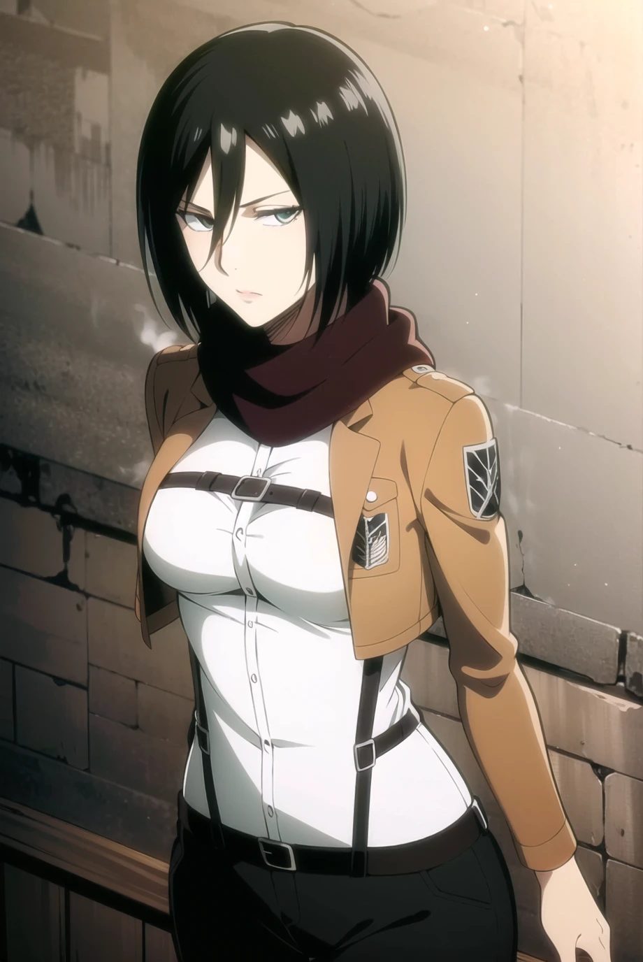 aot style, shingeki no kyojin, mikasa ackerman, 1girl, arm strap, bangs, black hair, black pants, breasts, cowboy shot, embers, green eyes, grey background, hair between eyes, harness, long sleeves, looking at viewer, medium breasts, pants, red scarf, scarf, shirt, short hair, smoke, solo, thigh strap, brown jacket, white shirt, survey corps \(emblem\) , ((masterpiece)), best quality, indoors,  inn <lora:mikasa_ackerman_offset:0.3>  <lora:aot_style:0.6>