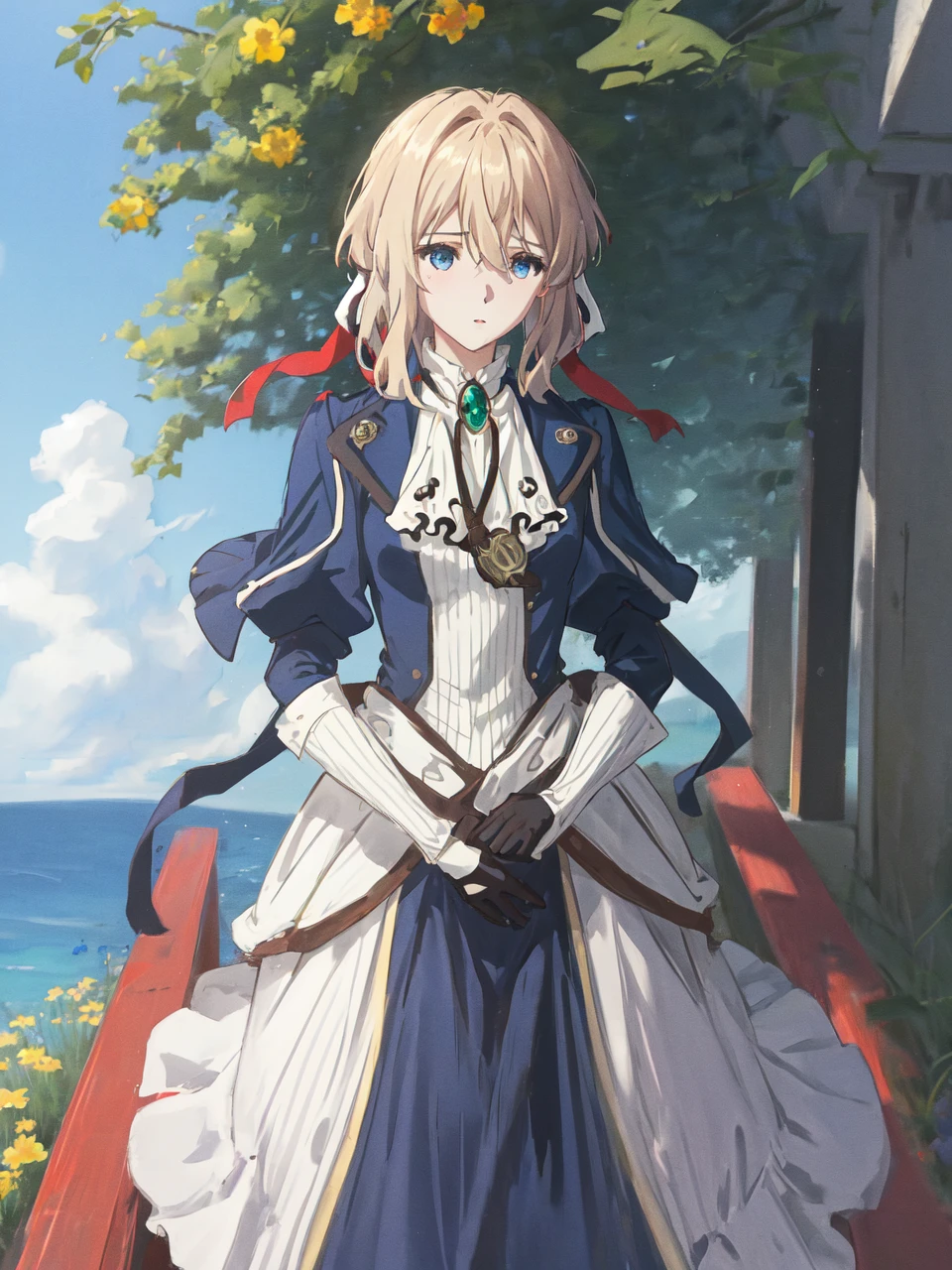 1girl, sky, depth_of_field, blue_sky, flower field, day,brooch, violet_evergarden, solo, jewelry, blonde_hair, long_sleeves, ribbon, blue_eyes, jacket, dress, gem, hair_ribbon,outdoors,