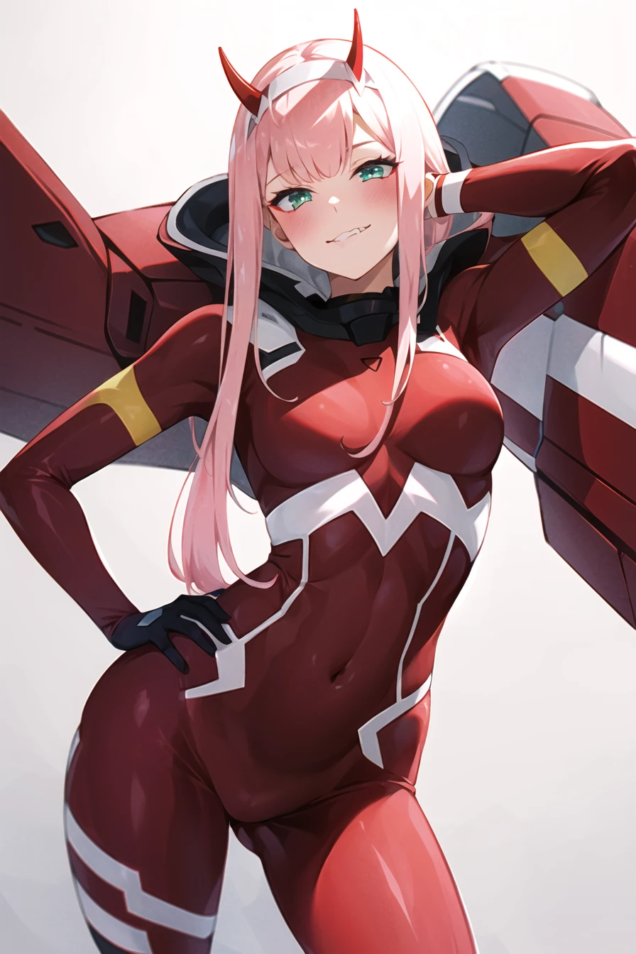 zero two \(darling in the franxx\), darling in the franxx, 1girl, bangs, biting, blush, covered navel, eyeshadow, green eyes, hair behind head, hand on hip, horns, smile, long hair, looking at viewer, makeup, medium breasts, pilot suit, red suit, pink hair, red eyeshadow, science fiction, skin tight, solo <lora:zerotwo_offset:1>