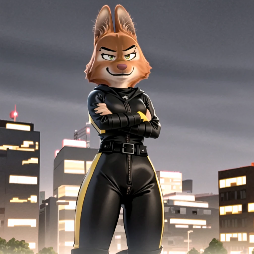 masterpiece, best quality, a beautiful and detailed image of diane foxingtion, fox, canid, canine, orange fur, orange body, metal eyebrow piercing, bodysuit, ((black clothing with yellow trim)), ((smirk)), closed mouth, breasts, ((bedroom eyes)), raised eyebrow, standing, wraps, black lips, 4 fingers,belt,(3d animation:1.3), zipper, eyelashes, detailed background, hands, arms up, crossed arms, looking at viewer,detailed cityscape at nighttime below, ((smug)), ((smile)),(happy)
<lora:diane foxington nai v4-000007:1>