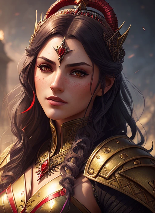 close-up head, facing camera, realistic digital painting portrait of a gothic female blood elf, (curly hair:1.1), (Dungeon and Dragon:1.3), magical dark and red universe, magic cloth armor with red and yellow engrave in, intricate details, (abstract background:1.2), (light particle:1.1), (very detailed skin:1.2), (game concept:1.3), (elden, ring style:1.3), (arcane style:0.8), (depth of field:1.3), global illumination, art by hoang lap and fuji choko and artgerm, and greg rutkowski and viktoria gavrilenko