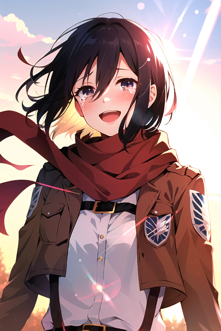 mikasa ackerman, shingeki no kyojin, 1girl, :d, belt, black hair, blurry, blurry background, blush, cropped jacket, crying, crying with eyes open, emblem, hair between eyes, happy tears, jacket, lens flare, looking at viewer, open mouth, outdoors, paradis military uniform, red scarf, scarf, short hair, smile, solo, standing, sun glare, sunset, tears, upper body, wind, ((masterpiece))  <lora:mikasa_ackerman_offset:1>