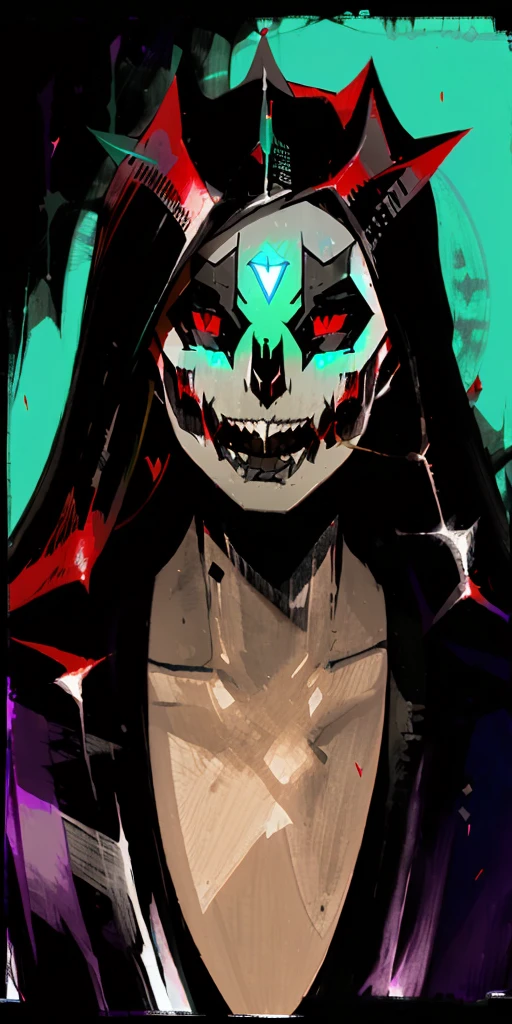 vampire, vampire teeth, floating embers, cyan color, <lora:tarot card 512x1024:1>