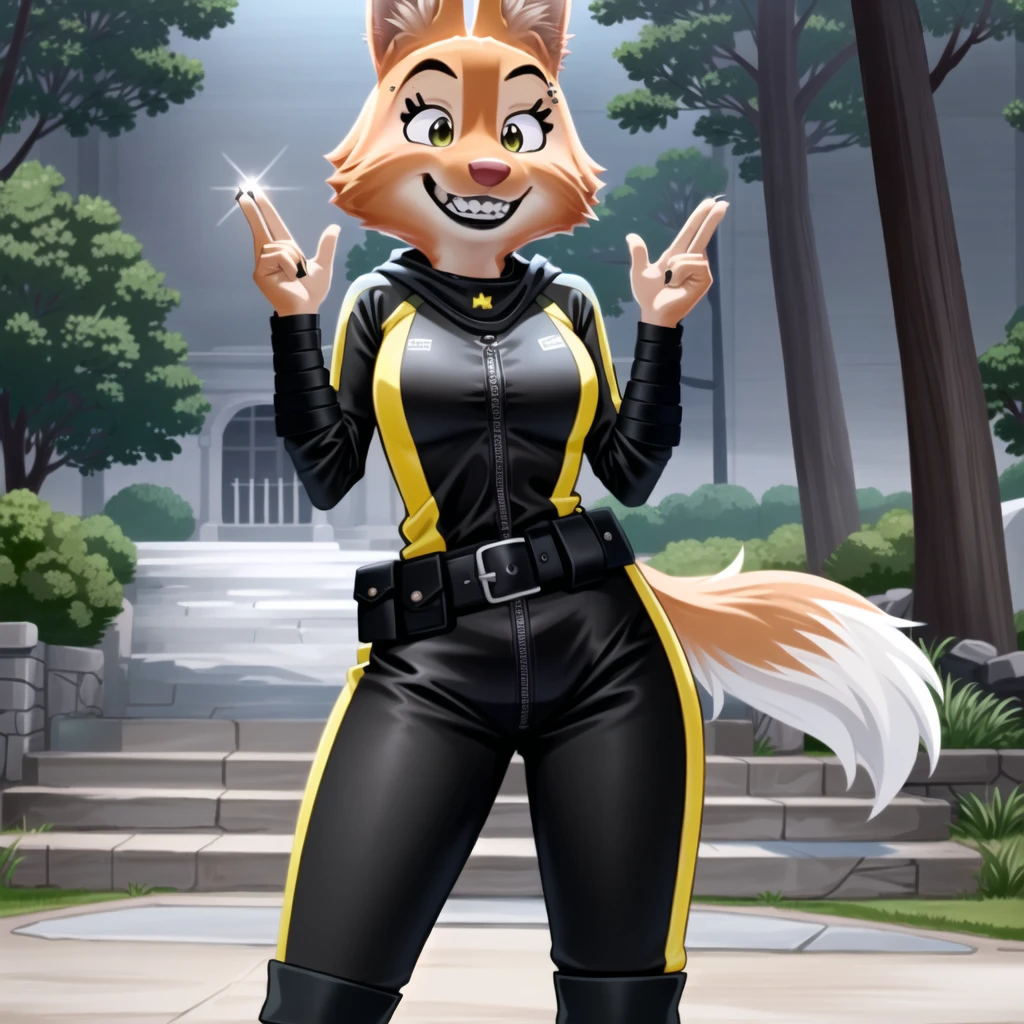 masterpiece, best quality, a beautiful and detailed image of diane foxingtion, fox, canid, canine, orange fur, orange body, metal eyebrow piercing, bodysuit, black clothing with yellow trim, smile, teeth, breasts, standing, wraps, black lips, 4 fingers,belt,3d animation, forest
<lora:diane foxington nai v4-000007:1>