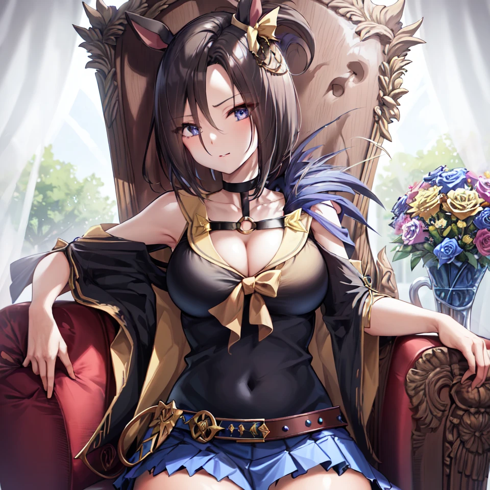 masterpiece, best quality, 
air groove \(umamusume\), 
blue skirt, choker, clothing cutout, cowboy shot, cleavage, black shirt, shoulder cutout, o-ring, belt, wide sleeves, pleated skirt, sitting, throne with flowers, flowers backgroud,
upper body,
 <lora:air_groove_lora:0.7>