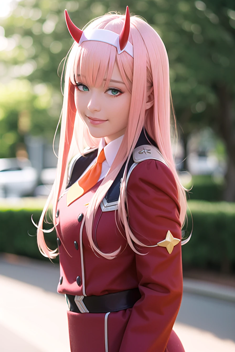 masterpiece, (photorealistic:1.4), best quality, beautiful lighting,
zero two \(darling in the franxx\), darling in the franxx, 1girl, ascot, bangs, blue background, green eyes, hairband, horns, long hair, long sleeves, looking at viewer, red jacket, closed jacket, military uniform, oni horns, orange ascot, pink hair, red horns, simple background, smile, solo, standing, uniform, white hairband
, intricate details, natural light, RAW photo, 8k uhd, film grain <lora:zerotwo_offset:1>