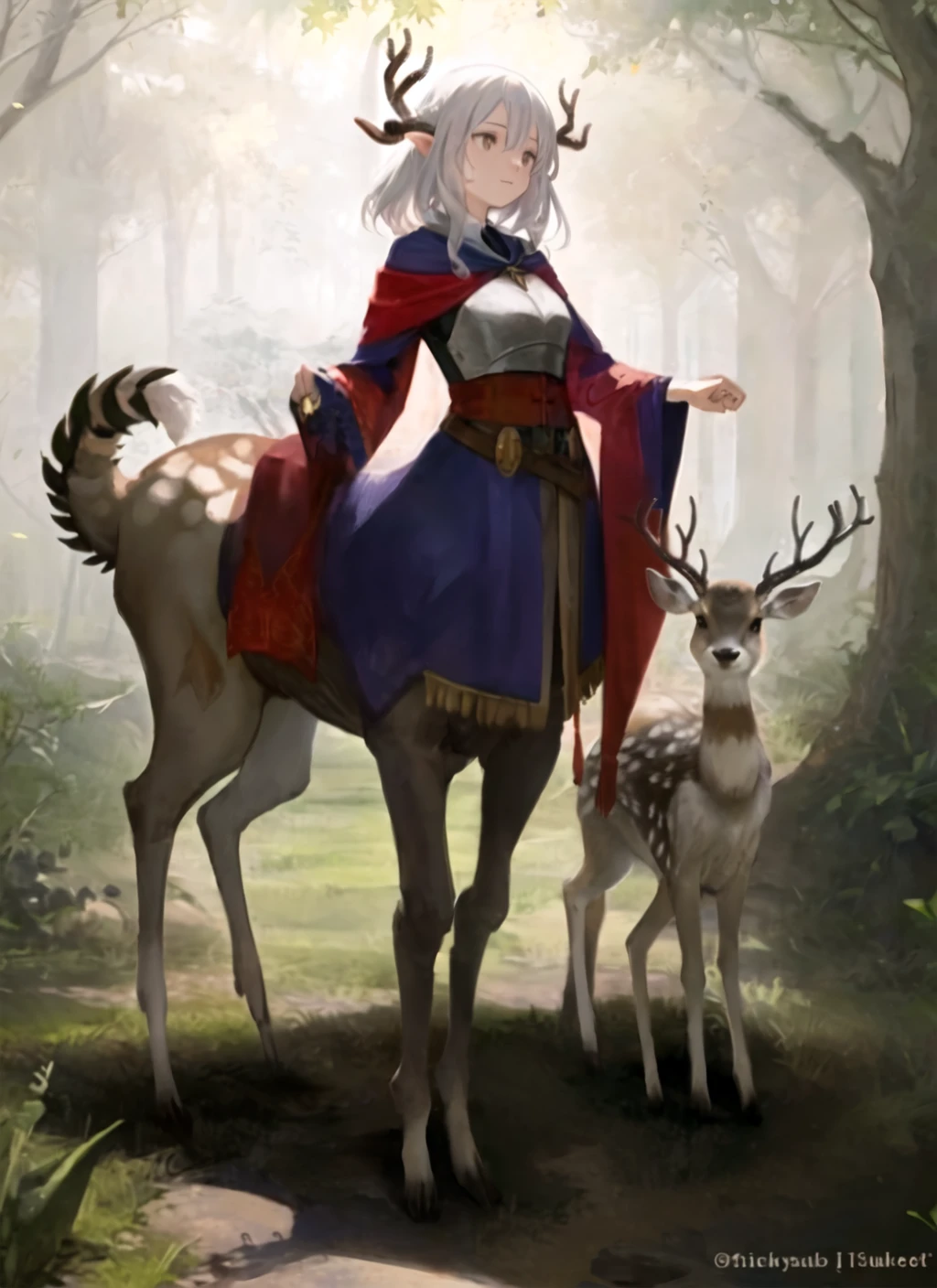 masterpiece, best quality,a portray of a woman ,deer taur,deer horns,extemely detailed, magic girl,mage,robe ,light magic effect, forest, digital photography,(holding magic staff:1.2) <lora:CentaurConcept_v1:0.5>