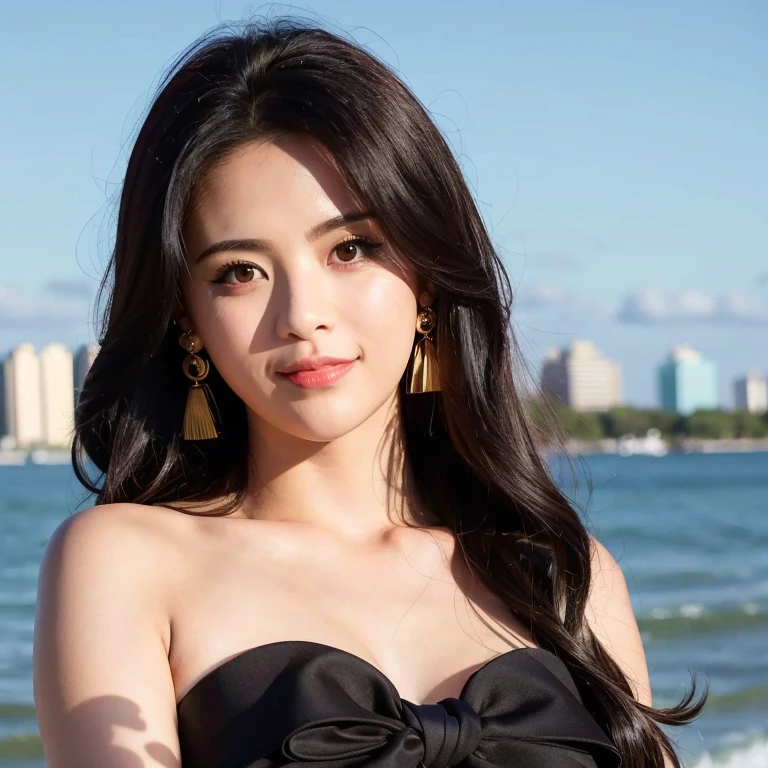 <lora:ycy:0.8>, best quality, ultra high res, photorealistic, realistic, 1girl,medium hair, black hair, solo, black_eyes, earrings, cosplay_photo, photo_\(medium\), looking at viewer, smiling,upper body, beach , depth_of_field, blue sky, cloud, sunshine, bokeh, blurry_background, looking_at_viewer, photo_background