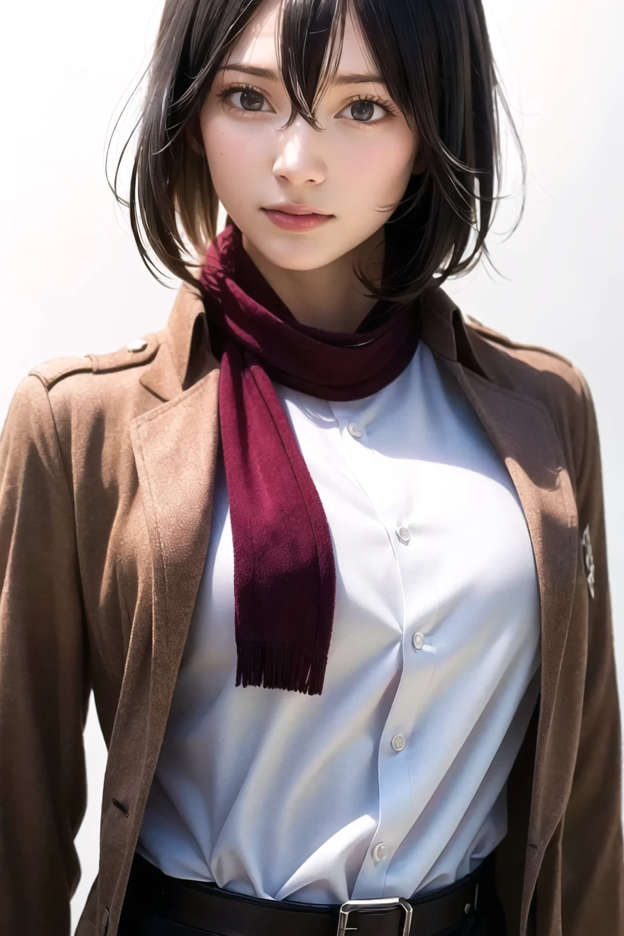 masterpiece, (photorealistic:1.4), best quality, beautiful lighting,
mikasa ackerman, shingeki no kyojin, 1girl, bangs, belt, belt buckle, black eyes, black hair, brown belt, brown jacket, buckle, dress shirt, hair between eyes, jacket, long sleeves, medium hair, open clothes, open jacket, paradis military uniform, red scarf, scarf, shirt, solo, standing, straight hair, suspenders, white background, white shirt, wing collar
, intricate details, natural light, RAW photo, 8k uhd, film grain <lora:mikasa_ackerman_offset:1> <lora:japaneseDollLikeness_v10:0.5>