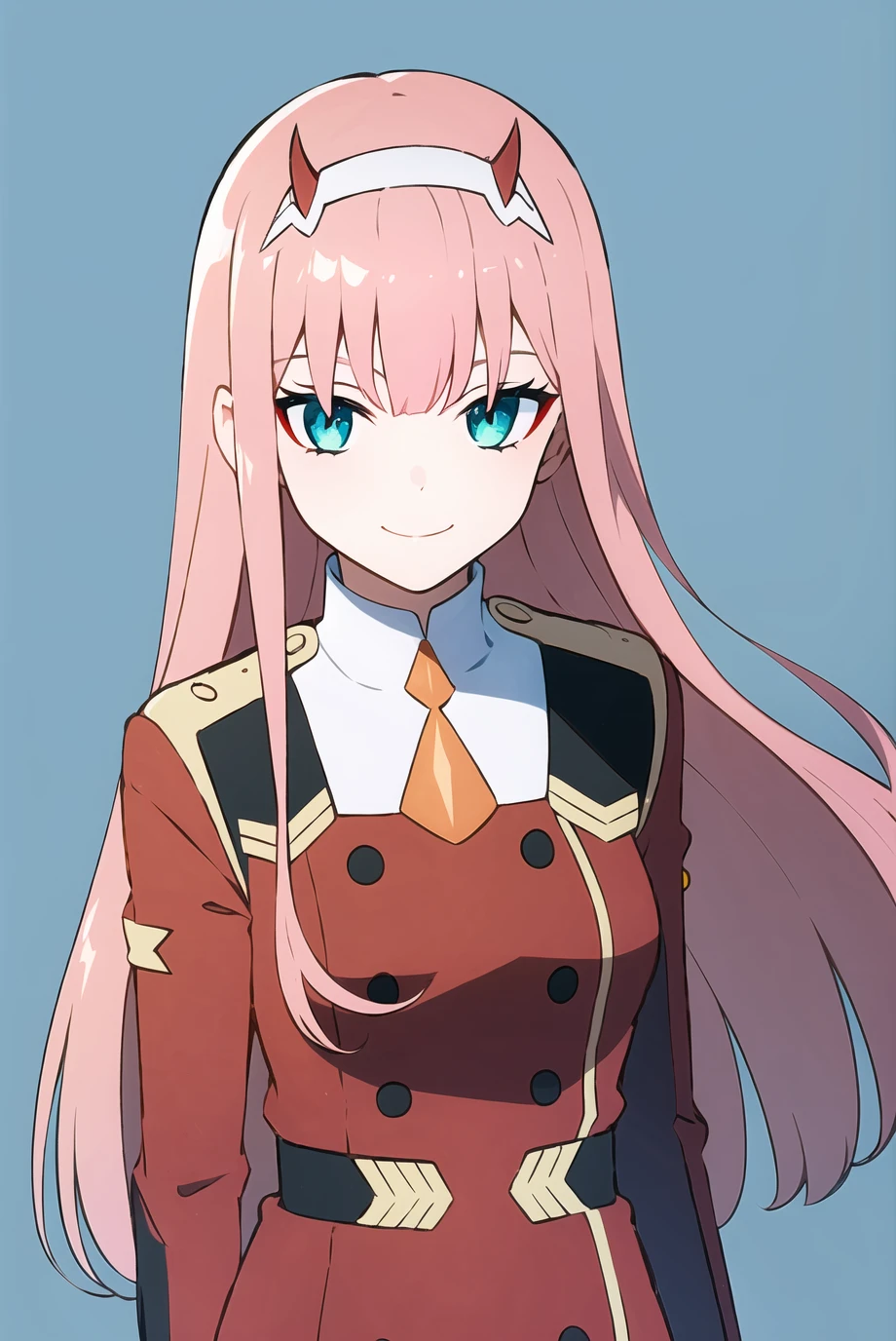 zero two \(darling in the franxx\), darling in the franxx, 1girl, ascot, bangs, blue background, green eyes, hairband, horns, long hair, long sleeves, looking at viewer, red jacket, closed jacket, military uniform, oni horns, orange ascot, pink hair, red horns, simple background, smile, solo, standing, uniform, white hairband, ((masterpiece)),  <lora:zero_two_offset:1>