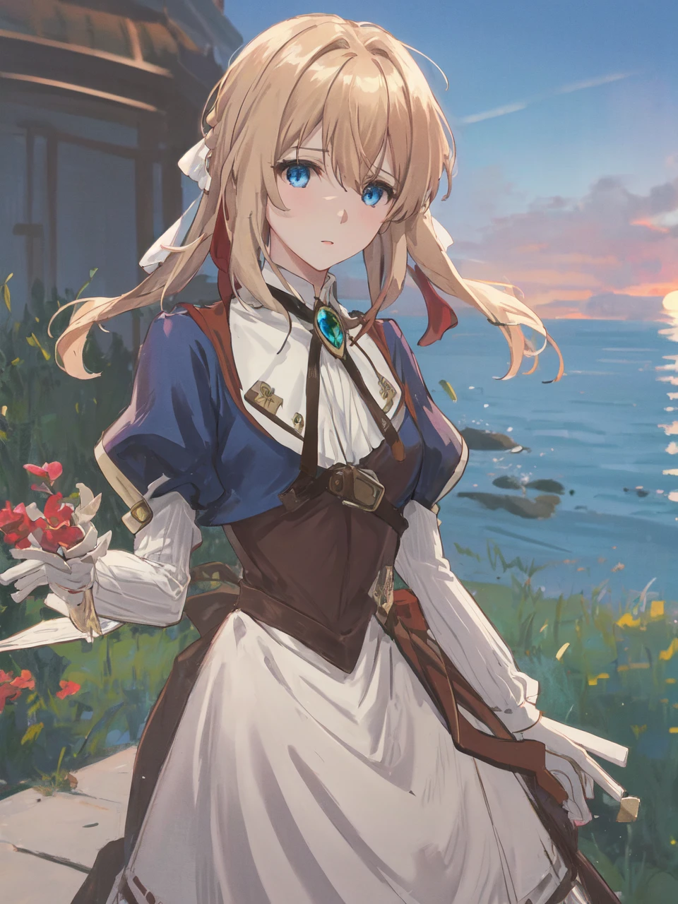 1girl, sunset, brooch, violet_evergarden, solo, jewelry, blonde_hair, long_sleeves, ribbon, blue_eyes, jacket, dress, gem, hair_ribbon, sky, outdoors