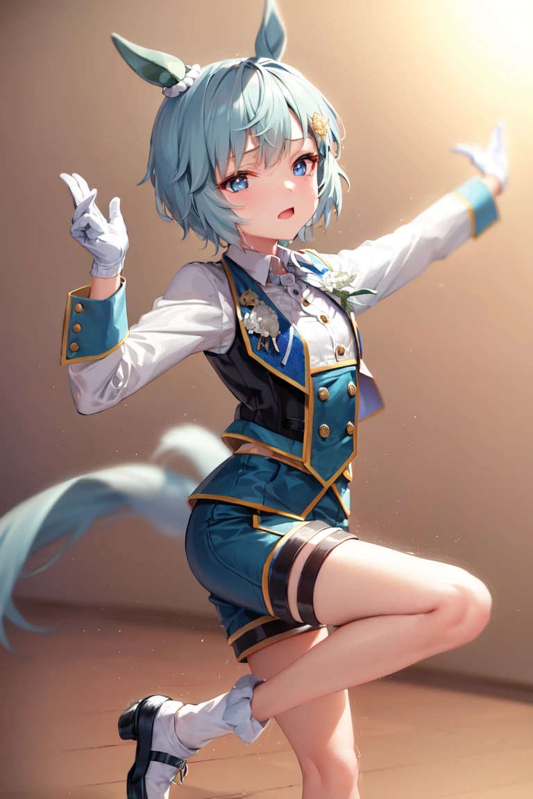 masterpiece, best quality,
seiun sky \(umamusume\),
white gloves, official alternate costume, white cropped jacket, long sleeves, black socks, white shirt, vest, white footwear, blue shorts, buttons, collared shirt,
breakdance, dancing, dynamic angle
<lora:seiun_sky_lora:0.65>