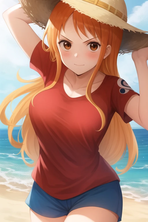 masterpiece, best quality, 1girl, looking at viewer, one piece,
nami, orange hair, long hair, brown eyes,
red shirt, blue shorts, staw hat, beach, luffy,
solo, <lora:nami2-000008:1>