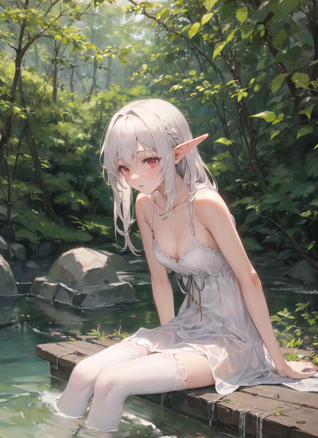 ((masterpiece, best quality)), 1girl, solo focus, shy, confused, (dark skin), elf, red eyes, white hair, ((wet clothes)), sitting on river, looking at viewer, upper body, dress, negligee, white legwear, forest, (from below), looking away, fine fabric emphasis, realistic, day, blu theme, Cinematic Lighting,