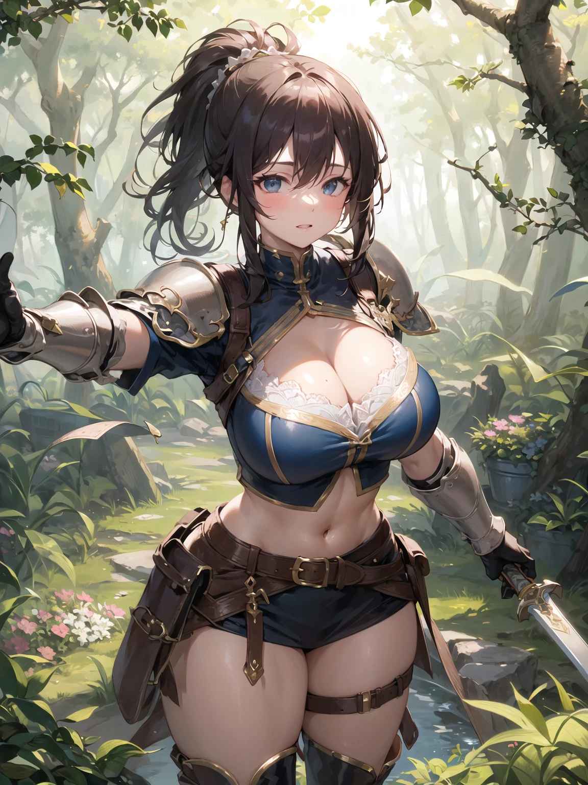 ((masterpiece, best quality)), (1girl), ((mature female)), big breast, ponytail, ((wearing armour)), cleavage, curvy, wide hips, thick thighs, midriff, thigh strap, boots, hold sword, sword fighting stance, outdoor, adventurer, knight, forest,dungeon background, nature, medieval time, reflected light, ray tracing, delicate background, looking at viewer, cowboy shot,